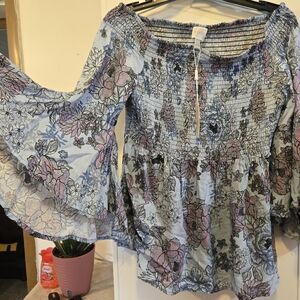 Cupio Light Blue Floral Smocked Off-Shoulder Blouse